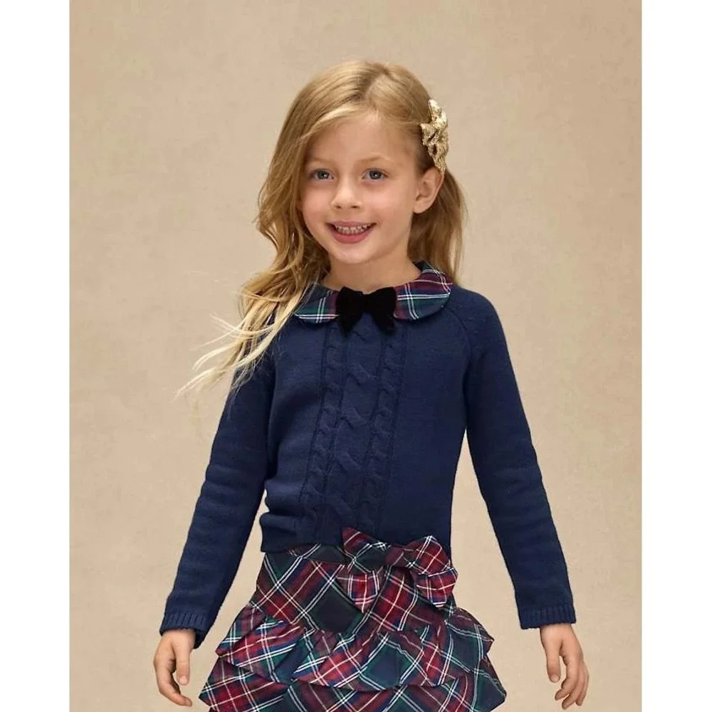 Gymboree Girls Navy Cable Knit Sweater Plaid Peter Pan Collar 4T NWT